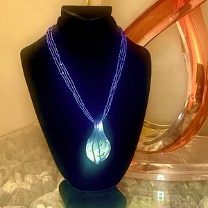 Blue, purple and Green with large art pendant beaded Artisan Necklace